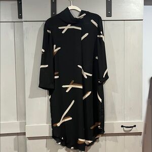 Eve Gravel Tunic Style Mid Length Dress High Collar Black/Brown Abstract Print